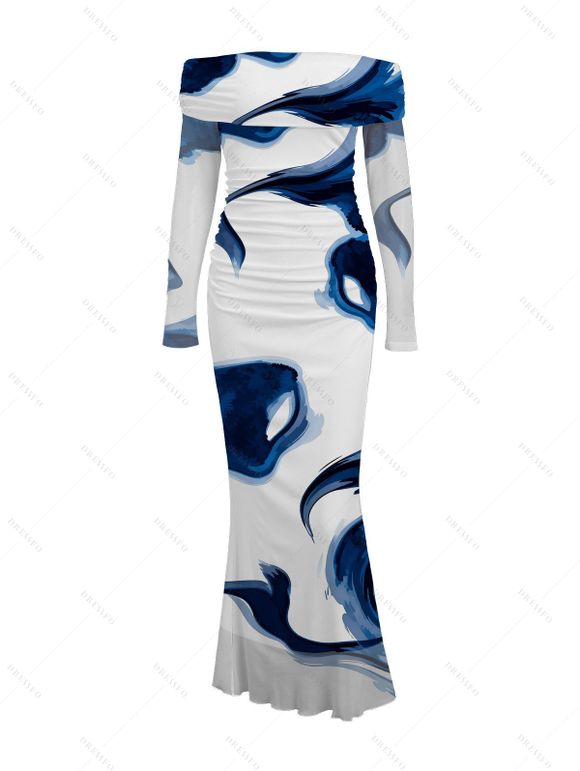 Vacation Dress Ink Painting Abstract Brush Print Foldover Off the Shoulder Mesh Bodycon Dress - Bleu XL | US 12