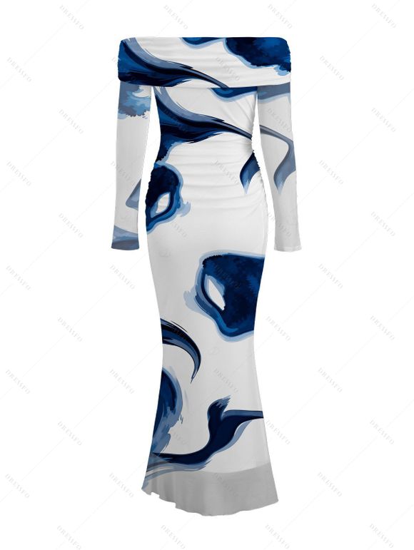 Vacation Dress Ink Painting Abstract Brush Print Foldover Off the Shoulder Mesh Bodycon Dress - Bleu XL | US 12