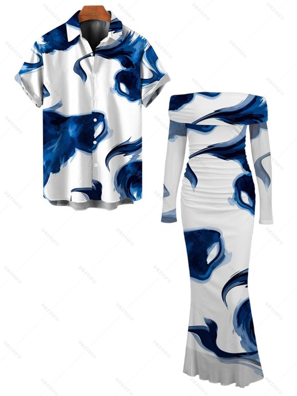 Vacation Couple Outfit Ink Painting Abstract Brush Print Foldover Off the Shoulder Mesh Bodycon Dress and Shirt Set - Bleu S | US 4