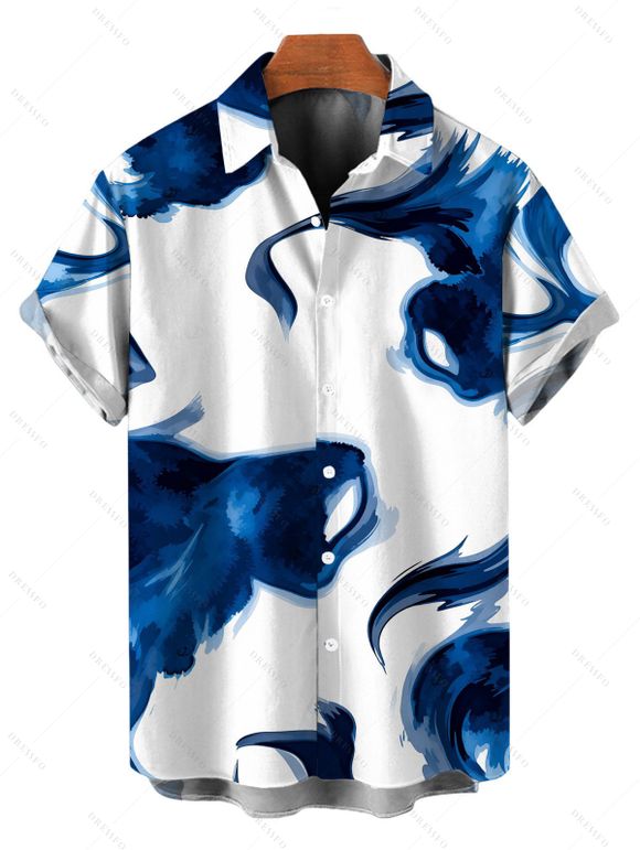 Vacation Couple Outfit Ink Painting Abstract Brush Print Foldover Off the Shoulder Mesh Bodycon Dress and Shirt Set - Bleu S | US 4
