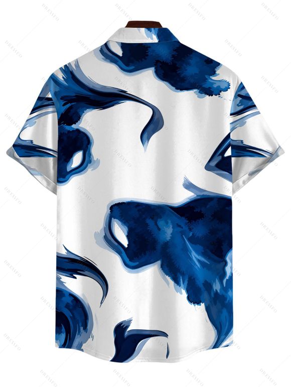 Vacation Couple Outfit Ink Painting Abstract Brush Print Foldover Off the Shoulder Mesh Bodycon Dress and Shirt Set - Bleu S | US 4
