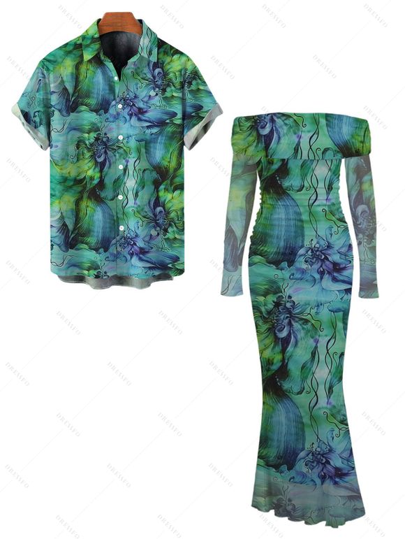 Vacation Couple Outfit Watercolor Floral Print Foldover Off the Shoulder Mesh Bodycon Dress and Shirt Set - Vert S | US 4