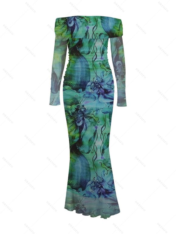 Vacation Couple Outfit Watercolor Floral Print Foldover Off the Shoulder Mesh Bodycon Dress and Shirt Set - Vert S | US 4