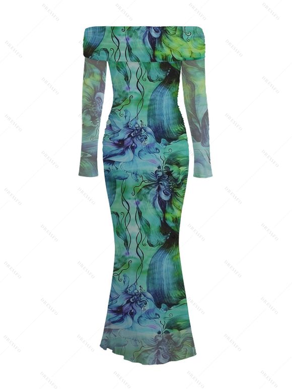 Vacation Couple Outfit Watercolor Floral Print Foldover Off the Shoulder Mesh Bodycon Dress and Shirt Set - Vert S | US 4