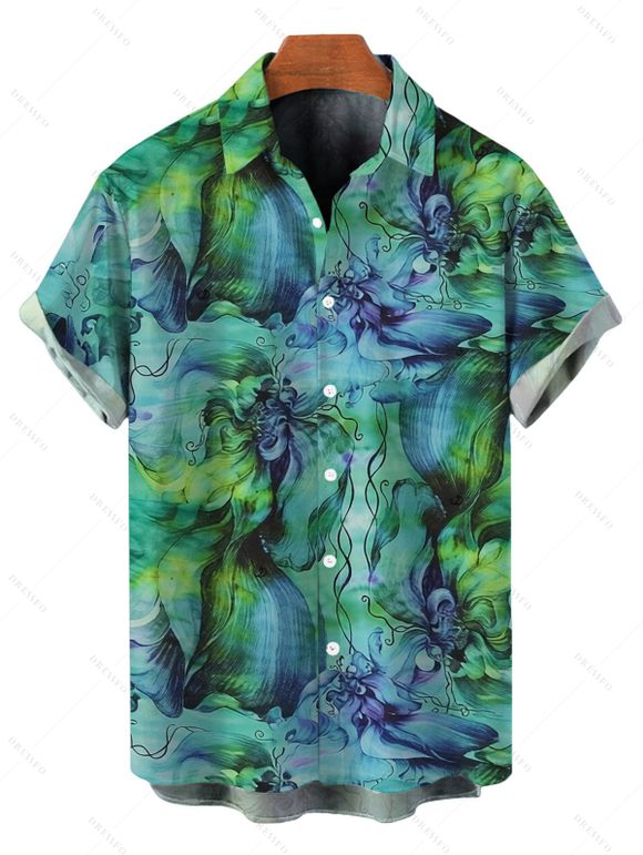 Vacation Couple Outfit Watercolor Floral Print Foldover Off the Shoulder Mesh Bodycon Dress and Shirt Set - Vert S | US 4