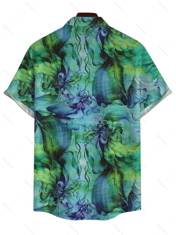 Vacation Couple Outfit Watercolor Floral Print Foldover Off the Shoulder Mesh Bodycon Dress and Shirt Set - Vert S | US 4