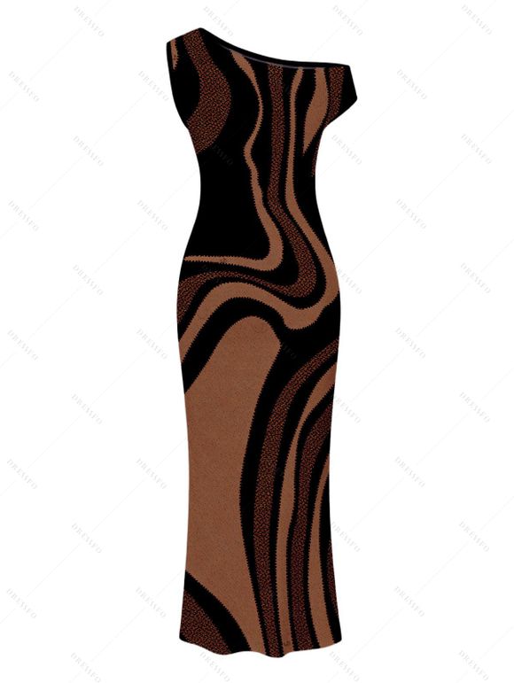 Vacation Dress Colorblock Swirl Marble Print Ruched One Shoulder Mermaid Bodycon Dress - Brun XL | US 12