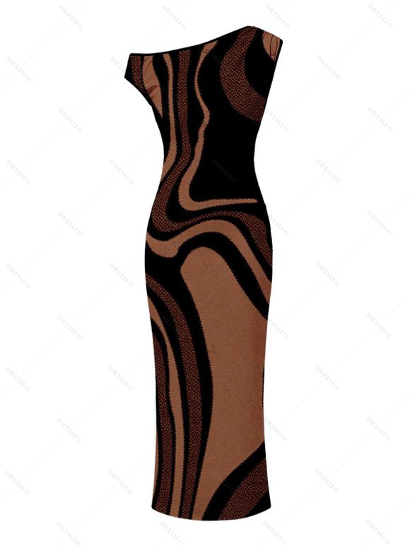 Vacation Dress Colorblock Swirl Marble Print Ruched One Shoulder Mermaid Bodycon Dress - Brun XL | US 12