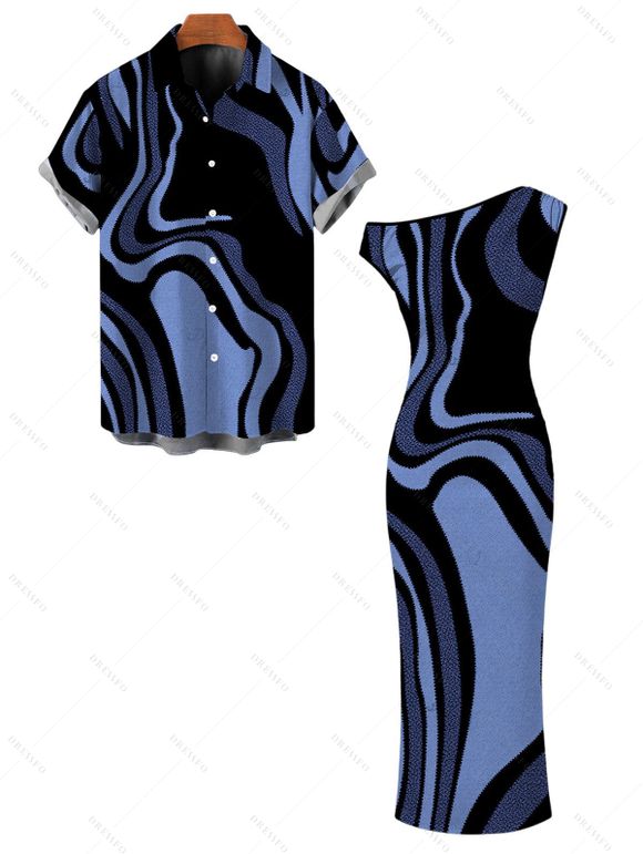 Vacation Couple Outfit Colorblock Swirl Marble Print Ruched One Shoulder Mermaid Bodycon Dress and Shirt Set - Bleu Marine S | US 4