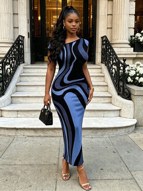 Vacation Couple Outfit Colorblock Swirl Marble Print Ruched One Shoulder Mermaid Bodycon Dress and Shirt Set - Bleu Marine S | US 4