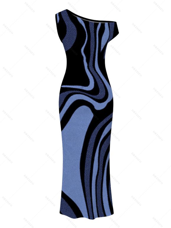 Vacation Couple Outfit Colorblock Swirl Marble Print Ruched One Shoulder Mermaid Bodycon Dress and Shirt Set - Bleu Marine S | US 4