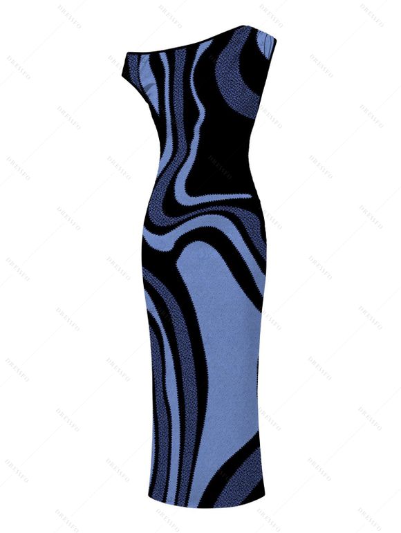 Vacation Couple Outfit Colorblock Swirl Marble Print Ruched One Shoulder Mermaid Bodycon Dress and Shirt Set - Bleu Marine S | US 4