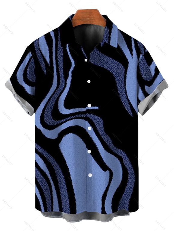 Vacation Couple Outfit Colorblock Swirl Marble Print Ruched One Shoulder Mermaid Bodycon Dress and Shirt Set - Bleu Marine S | US 4
