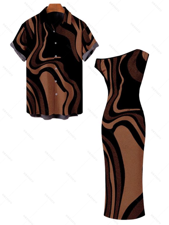 Vacation Couple Outfit Colorblock Swirl Marble Print Ruched One Shoulder Mermaid Bodycon Dress and Shirt Set - Brun S | US 4