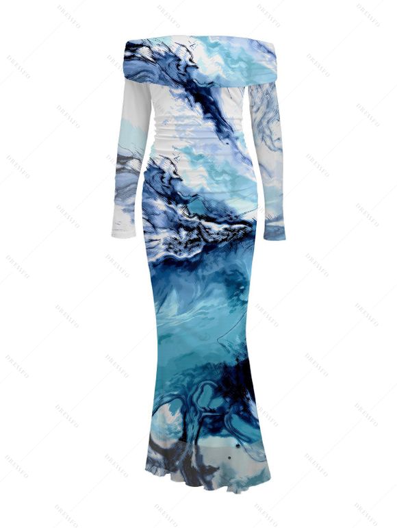 Vacation Couple Outfit Ocean Wave Fluid Art Print Foldover Mesh Off the Shoulder Boydcon Dress and Shirt Set - Bleu S | US 4