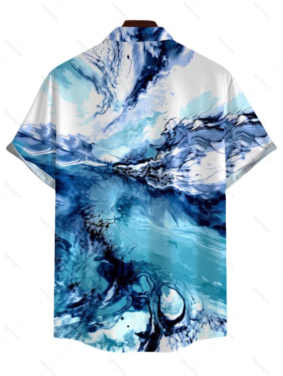 Vacation Couple Outfit Ocean Wave Fluid Art Print Foldover Mesh Off the Shoulder Boydcon Dress and Shirt Set - Bleu S | US 4