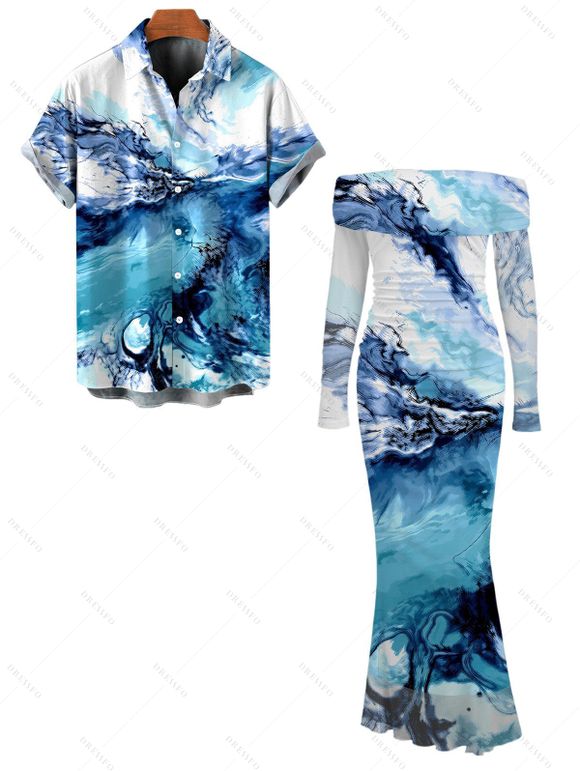 Vacation Couple Outfit Ocean Wave Fluid Art Print Foldover Mesh Off the Shoulder Boydcon Dress and Shirt Set - Bleu S | US 4