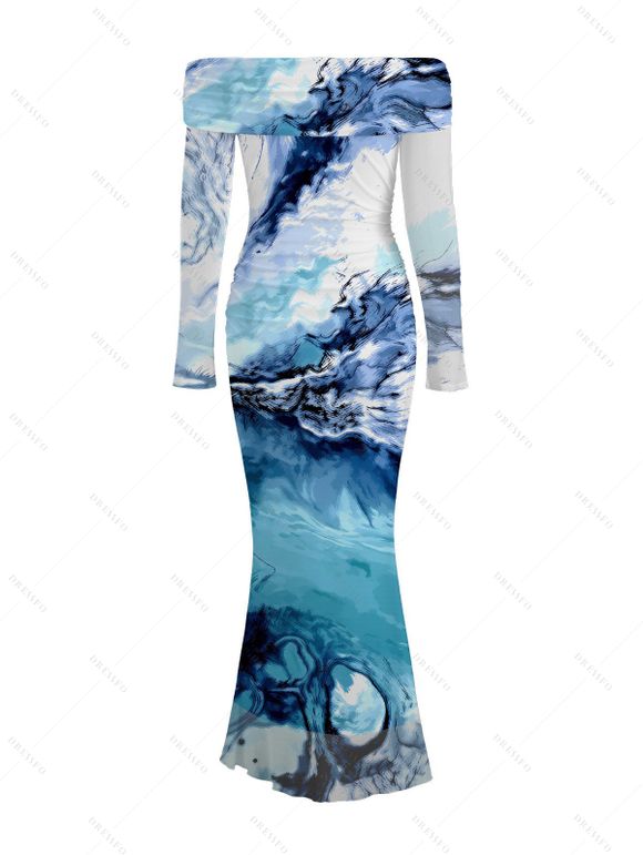 Vacation Couple Outfit Ocean Wave Fluid Art Print Foldover Mesh Off the Shoulder Boydcon Dress and Shirt Set - Bleu S | US 4