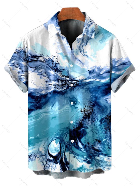Vacation Couple Outfit Ocean Wave Fluid Art Print Foldover Mesh Off the Shoulder Boydcon Dress and Shirt Set - Bleu S | US 4