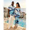 Vacation Couple Outfit Ocean Wave Fluid Art Print Foldover Mesh Off the Shoulder Boydcon Dress and Shirt Set - Bleu S | US 4