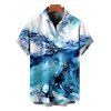Vacation Couple Outfit Ocean Wave Fluid Art Print Foldover Mesh Off the Shoulder Boydcon Dress and Shirt Set - Bleu S | US 4