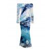 Vacation Couple Outfit Ocean Wave Fluid Art Print Foldover Mesh Off the Shoulder Boydcon Dress and Shirt Set - Bleu S | US 4