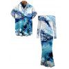 Vacation Couple Outfit Ocean Wave Fluid Art Print Foldover Mesh Off the Shoulder Boydcon Dress and Shirt Set - Bleu S | US 4