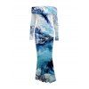 Vacation Couple Outfit Ocean Wave Fluid Art Print Foldover Mesh Off the Shoulder Boydcon Dress and Shirt Set - Bleu S | US 4