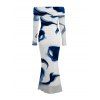 Vacation Dress Ink Painting Abstract Brush Print Foldover Off the Shoulder Mesh Bodycon Dress - Bleu XL | US 12