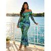 Vacation Dress Watercolor Floral Print Foldover Off the Shoulder Mesh Bodycon Dress - Vert XL | US 12