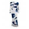 Vacation Couple Outfit Ink Painting Abstract Brush Print Foldover Off the Shoulder Mesh Bodycon Dress and Shirt Set - Bleu S | US 4