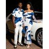 Vacation Couple Outfit Ink Painting Abstract Brush Print Foldover Off the Shoulder Mesh Bodycon Dress and Shirt Set - Bleu S | US 4