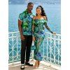 Vacation Couple Outfit Watercolor Floral Print Foldover Off the Shoulder Mesh Bodycon Dress and Shirt Set - Vert S | US 4
