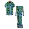 Vacation Couple Outfit Watercolor Floral Print Foldover Off the Shoulder Mesh Bodycon Dress and Shirt Set - Vert S | US 4