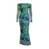 Vacation Couple Outfit Watercolor Floral Print Foldover Off the Shoulder Mesh Bodycon Dress and Shirt Set - Vert S | US 4