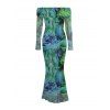 Vacation Couple Outfit Watercolor Floral Print Foldover Off the Shoulder Mesh Bodycon Dress and Shirt Set - Vert S | US 4