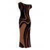 Vacation Couple Outfit Colorblock Swirl Marble Print Ruched One Shoulder Mermaid Bodycon Dress and Shirt Set - Brun S | US 4