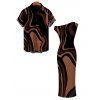 Vacation Couple Outfit Colorblock Swirl Marble Print Ruched One Shoulder Mermaid Bodycon Dress and Shirt Set - Brun S | US 4