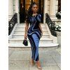 Vacation Couple Outfit Colorblock Swirl Marble Print Ruched One Shoulder Mermaid Bodycon Dress and Shirt Set - Bleu Marine S | US 4