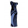Vacation Couple Outfit Colorblock Swirl Marble Print Ruched One Shoulder Mermaid Bodycon Dress and Shirt Set - Bleu Marine S | US 4