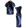 Vacation Couple Outfit Colorblock Swirl Marble Print Ruched One Shoulder Mermaid Bodycon Dress and Shirt Set - Bleu Marine S | US 4