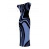 Vacation Couple Outfit Colorblock Swirl Marble Print Ruched One Shoulder Mermaid Bodycon Dress and Shirt Set - Bleu Marine S | US 4