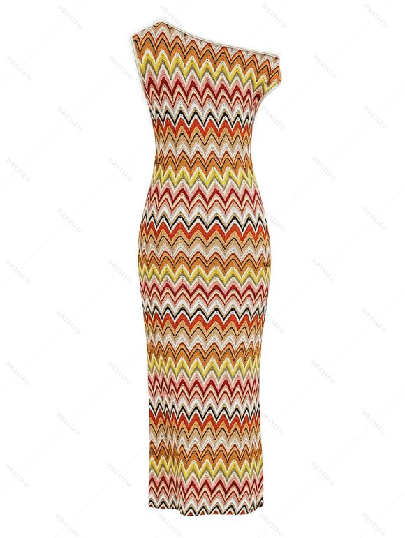 Ethnic Knitted Dress Colorblock Zig Zag Print Textured Skew Neck Mermaid Bodycon Dress - multicolor XXL | US 14