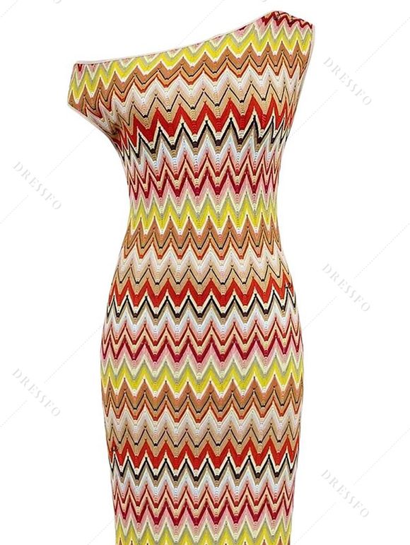 Ethnic Knitted Dress Colorblock Zig Zag Print Textured Skew Neck Mermaid Bodycon Dress - multicolor XXL | US 14