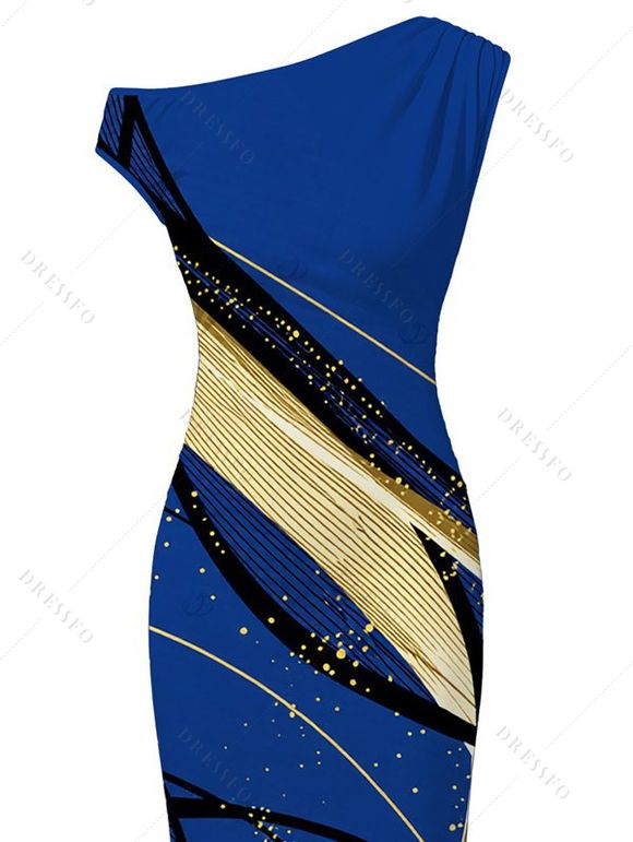 Vacation Dress Golden Abstract Line Print Skew Neck Mermaid Bodycon Maxi Dress - Bleu XXL | US 14