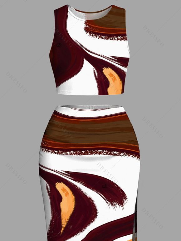 Vacation Women Outfit Fluid Art Print Tank Top High Slit Bodycon Skirt Two Piece Set - Brun XXL | US 14