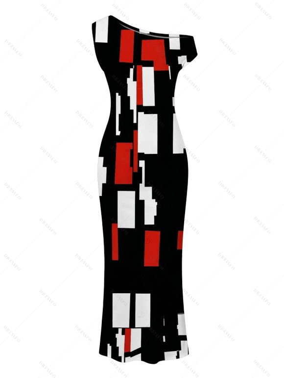 Vintage Dress Colorblock Geometric Print Skew Neck Mermaid Bodycon Maxi Dress - Rouge XXL | US 14
