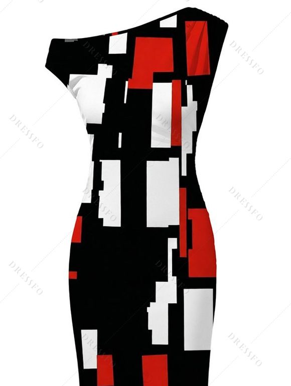 Vintage Dress Colorblock Geometric Print Skew Neck Mermaid Bodycon Maxi Dress - Rouge XXL | US 14