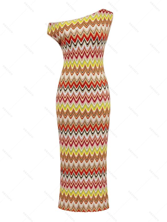 Vintage Ethnic Couple Outfit Colorblock Zig Zag Print Textured Skew Neck Mermaid Bodycon Dress and Shirt Set - multicolor S | US 4