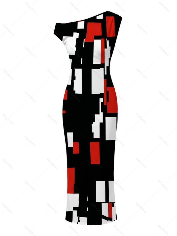 Vintage Couple Outfit Colorblock Geometric Print Skew Neck Mermaid Bodycon Maxi Dress and Shirt Set - Rouge Vineux S | US 4